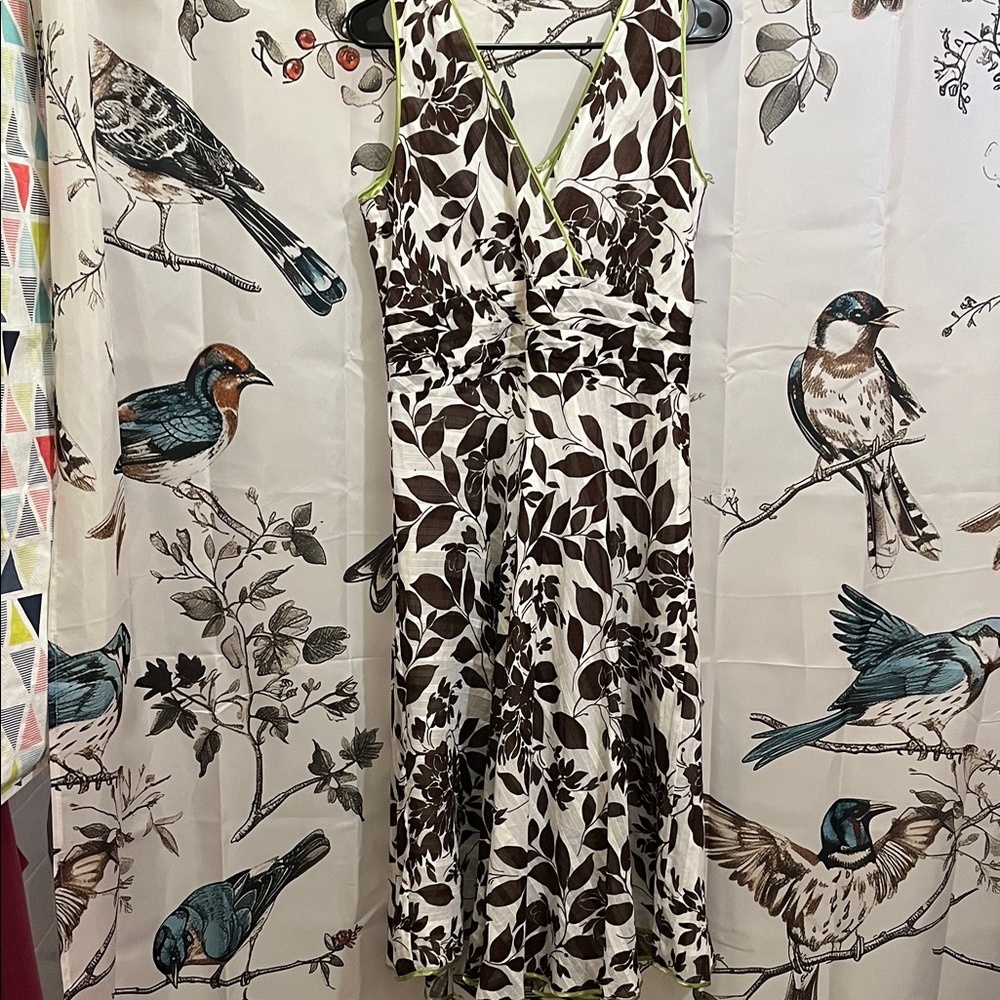 Amanda Lane White and Brown Leaf Print Midi Dress with a liner and green trim.
